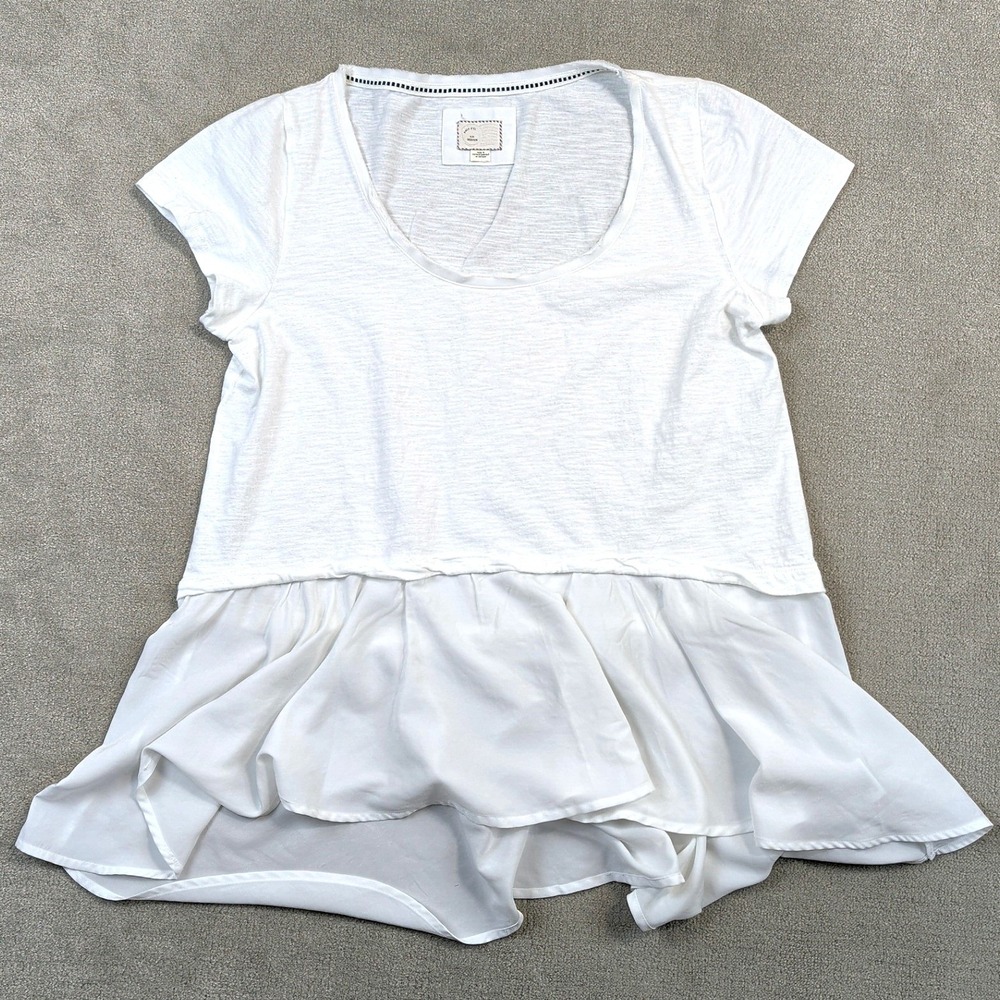 Anthropologie Postmark Top Womens Medium White Mixed Media Peplum Ruffle Blouse